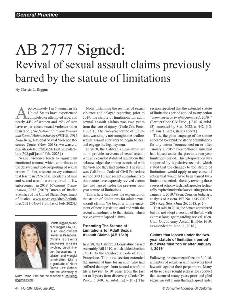 Statute of Limitations for Sexual Assault in California